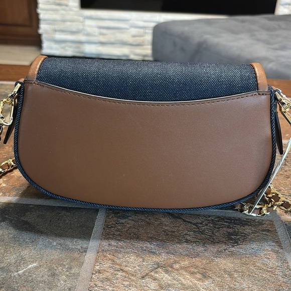 Michael Kors MILA EW Sling Crossbody Handbag Denim Navy/Brown, Chain Link Strap - Picture 2 of 10